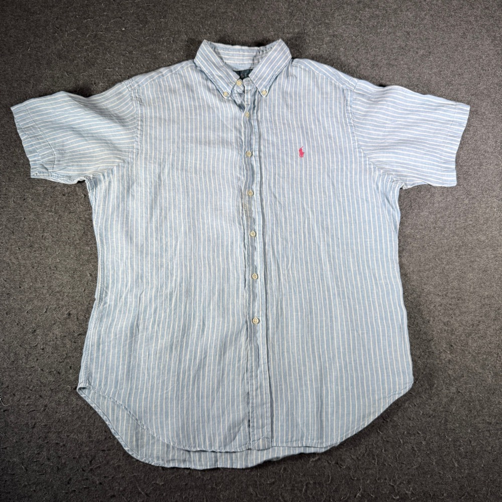 Ralph Lauren Mens Large Classic Fit Blue White Striped 100% Linen Shirt S/S